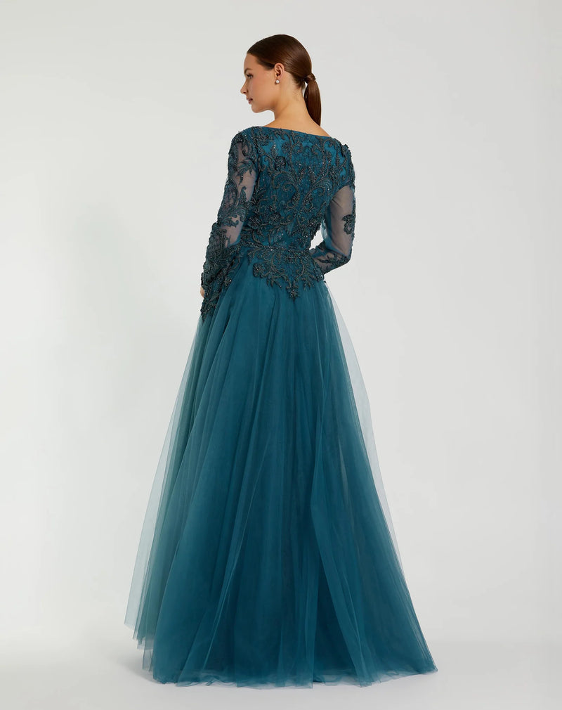 Long Sleeve Embellished Tulle Gown - Teal