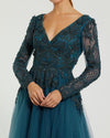 Long Sleeve Embellished Tulle Gown - Teal