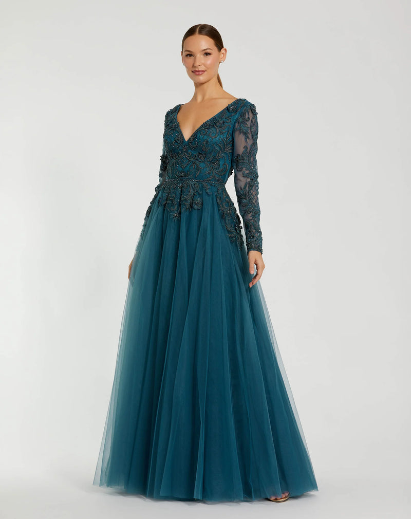 Mac Duggal Long Sleeve Embellished Tulle Gown Teal #11236 