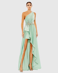 Asymmetric one shoulder embellished gown - Sage