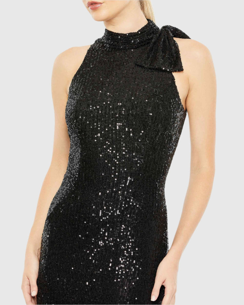 Sequin tie neck column sleeveless gown - Black