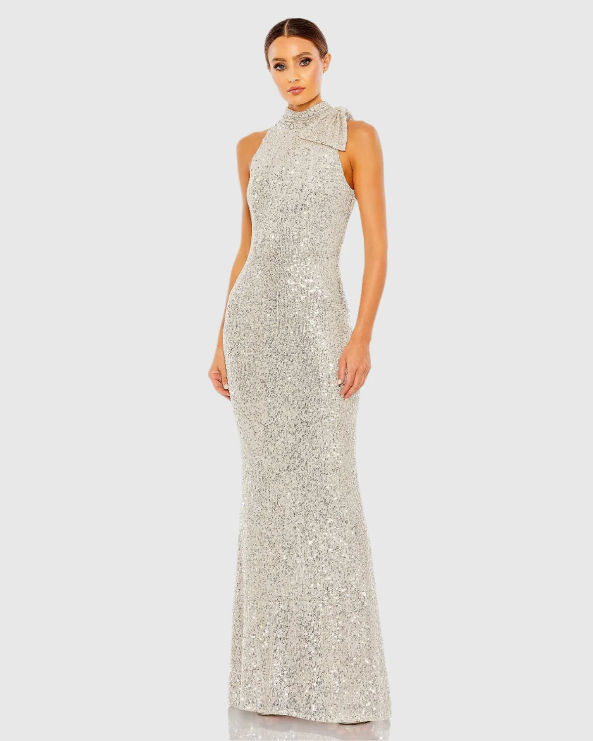 Mac Duggal, Sequin tie neck column sleeveless gown - Silver  #11280