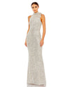 Sequin tie neck column sleeveless gown - silver