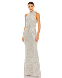 Sequin tie neck column sleeveless gown - silver