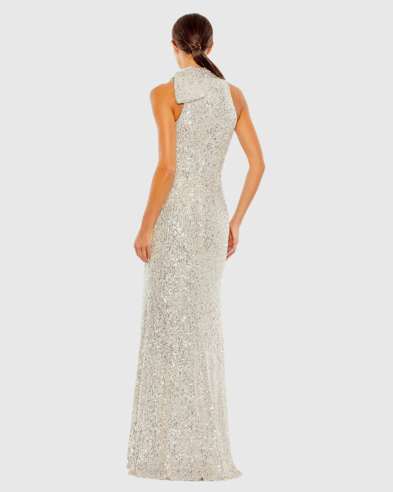 Sequin tie neck column sleeveless gown - Rose Gold