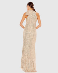 Sequin tie neck column sleeveless gown - Rose Gold