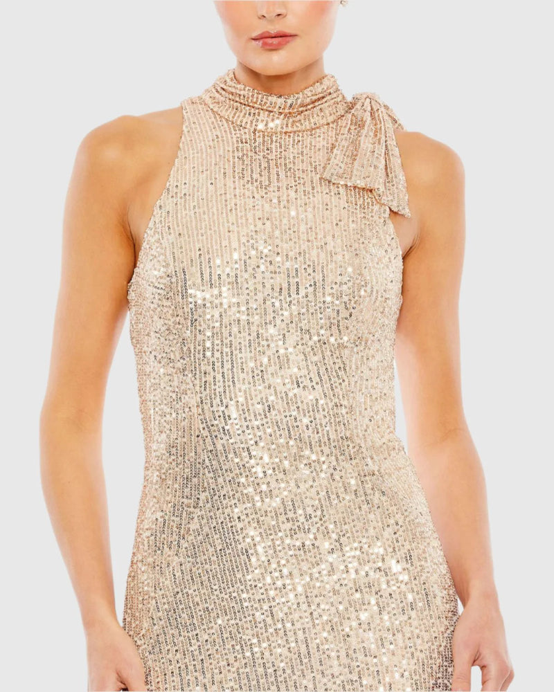 Sequin tie neck column sleeveless gown - Rose Gold