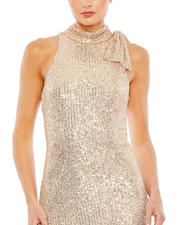 Sequin tie neck column sleeveless gown - rose gold close up