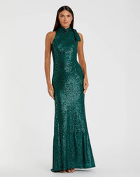 Mac Duggal, Sequin tie neck column sleeveless gown - Teal #11280 