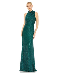 Sequin tie neck column sleeveless gown - Rose Gold