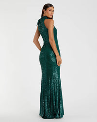 Sequin tie neck column sleeveless gown - Teal