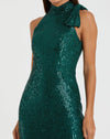 Sequin tie neck column sleeveless gown - Teal