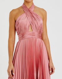 Pleated halterneck asymmetrical hem gown - Pink