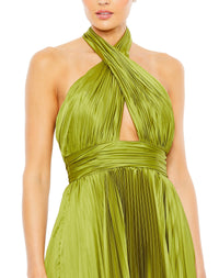 Pleated halterneck asymmetrical hem gown - Apple Green