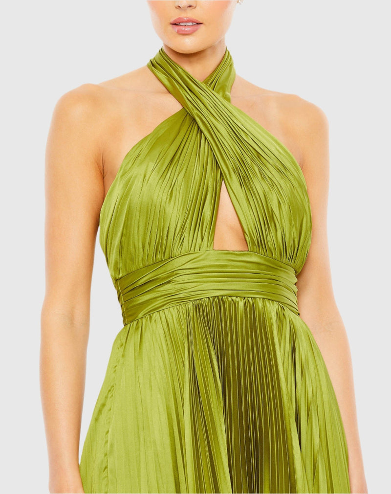 Pleated halterneck asymmetrical hem gown - Apple Green