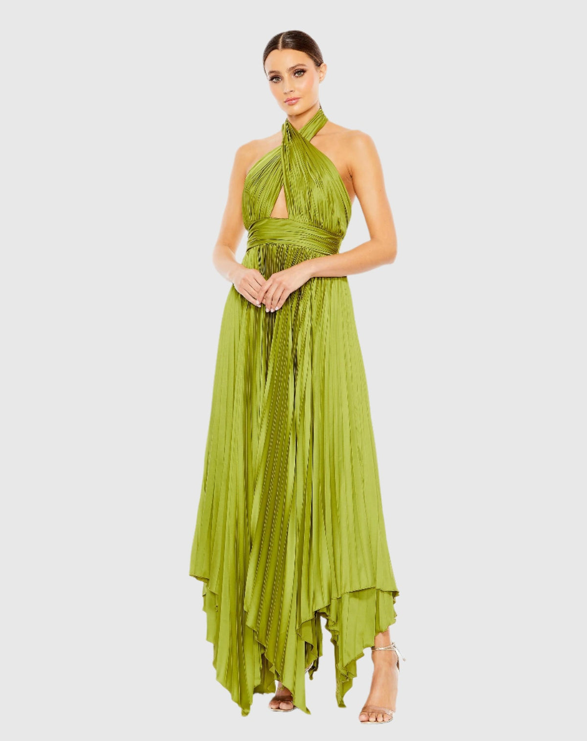 Mac Duggal #11302 Pleated halterneck asymmetrical hem gown - Apple Green