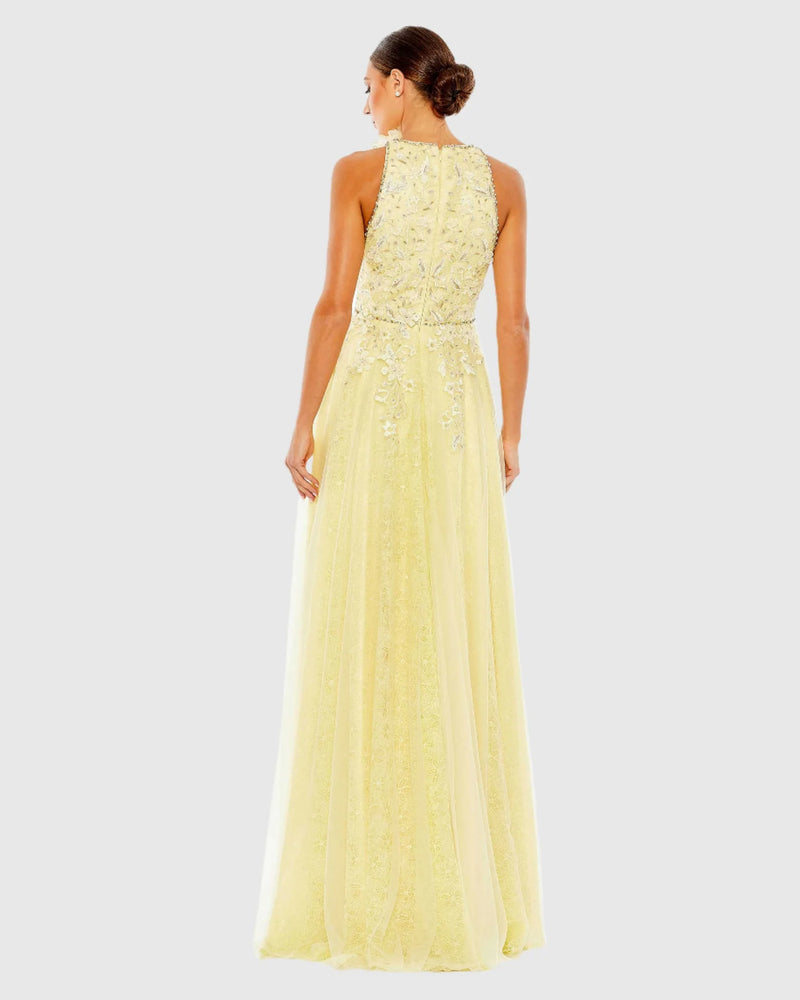 Crystal Embellished A Line Dress - Lemon