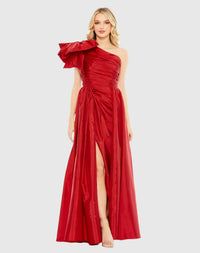 MAC DUGGAL #11312 Draped Bow One Shoulder Over Skirt Gown - Burgundy Red