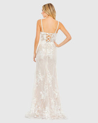 Glitter Floral Applique Sleeveless Mermaid Gown - Ivory