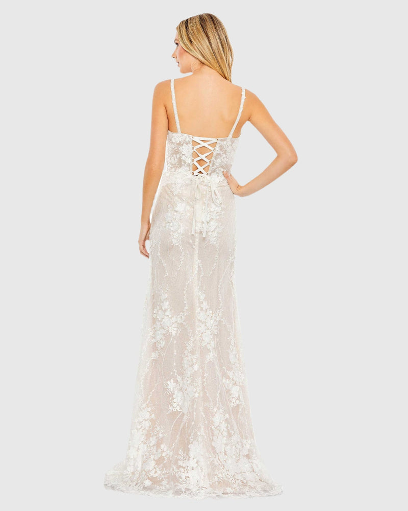 Glitter Floral Applique Sleeveless Mermaid Gown - Ivory