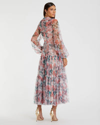 Long Sleeve High Neck Floral Modest Dress - White