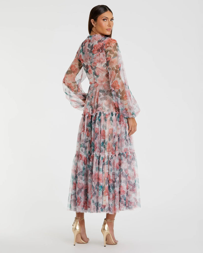 Long Sleeve High Neck Floral Modest Dress - White