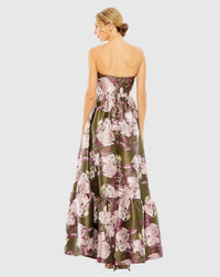 Strapless bottom ruffle floral gown - Olive