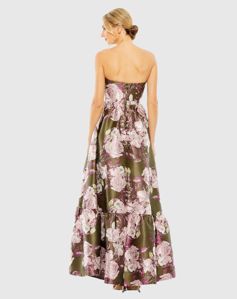 Strapless bottom ruffle floral gown - Olive