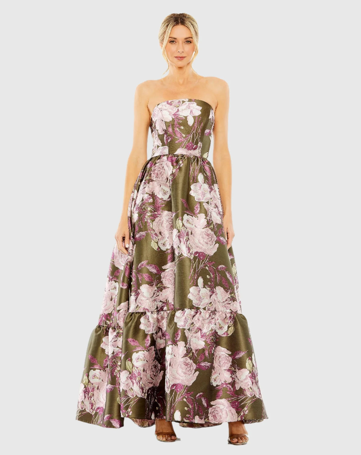 Mac Duggal Strapless Bottom Ruffle Floral Gown, Olive #11605 