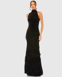 Mac Duggal #11627 - Jersey Halter Gown with Feather Tiered Detail Black