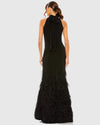 Jersey Halter Gown with Feather Tiered Detail - Black