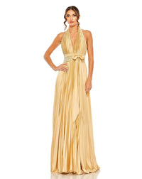 Mac Duggal #11636 Pleated Halterneck Gown with Bow - Gold