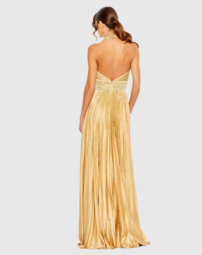 Pleated Halterneck Gown with Bow - Gold