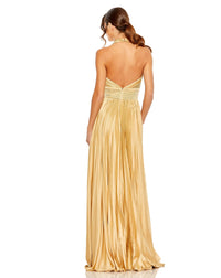 Pleated Halterneck Gown with Bow - Gold