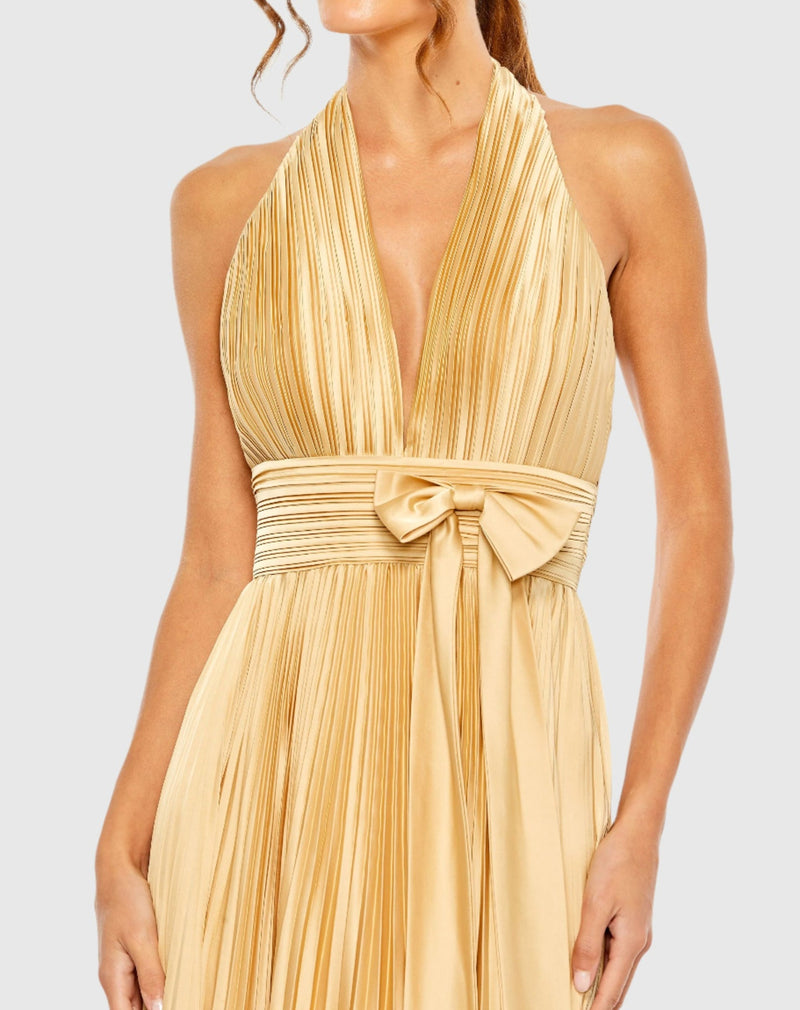 Pleated Halterneck Gown with Bow - Gold