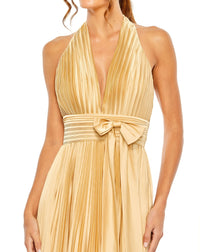 Pleated Halterneck Gown with Bow - Gold