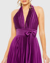 Pleated Halterneck Gown with Bow - Plum