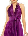 Pleated Halterneck Gown with Bow - Plum