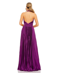 Pleated Halterneck Gown with Bow - Plum