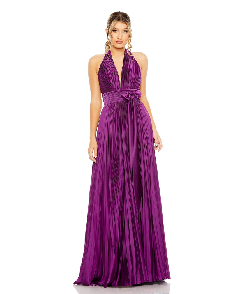 Mac Duggal #11636 Pleated Halterneck Gown with Bow - Plum