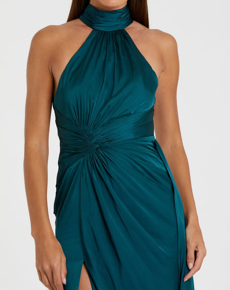 Open back high neck ruched gown - Teal