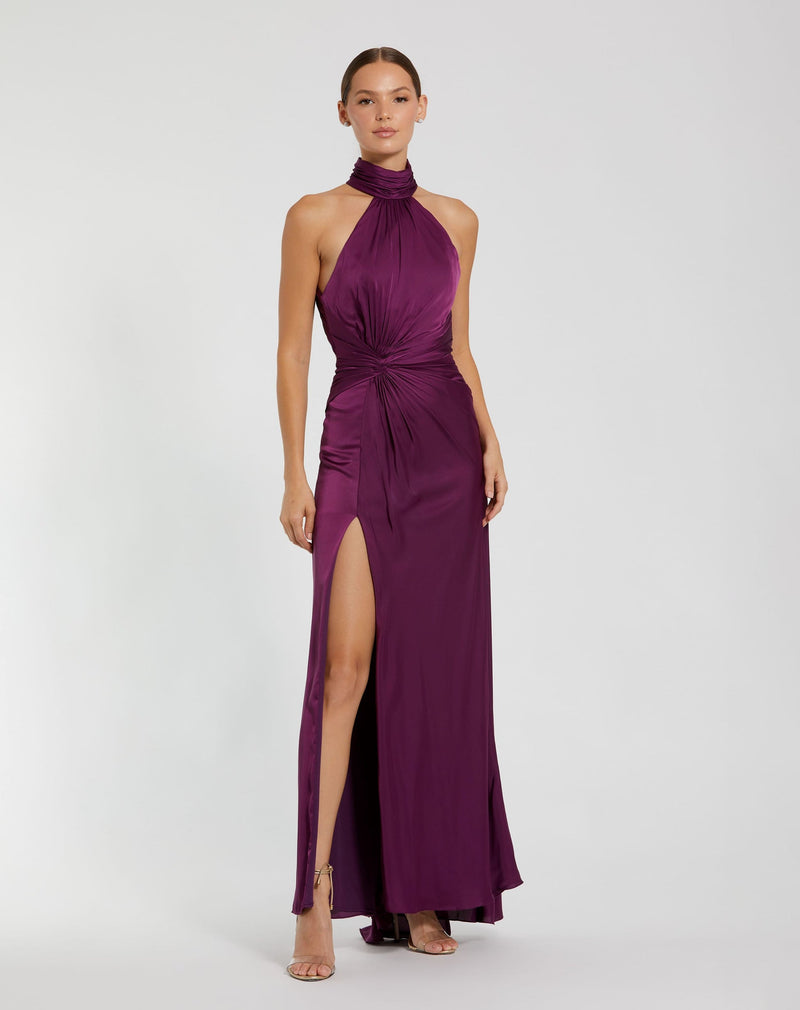 Mac Duggal Open Back High Neck Side Ruched Gown #11642 Plum