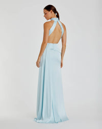 Open back high neck ruched gown - Powder Blue