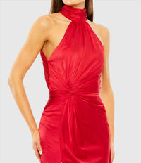 Open back high neck ruched gown - Red