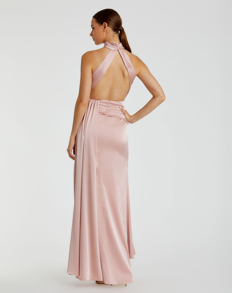 Open back high neck ruched gown - Pink