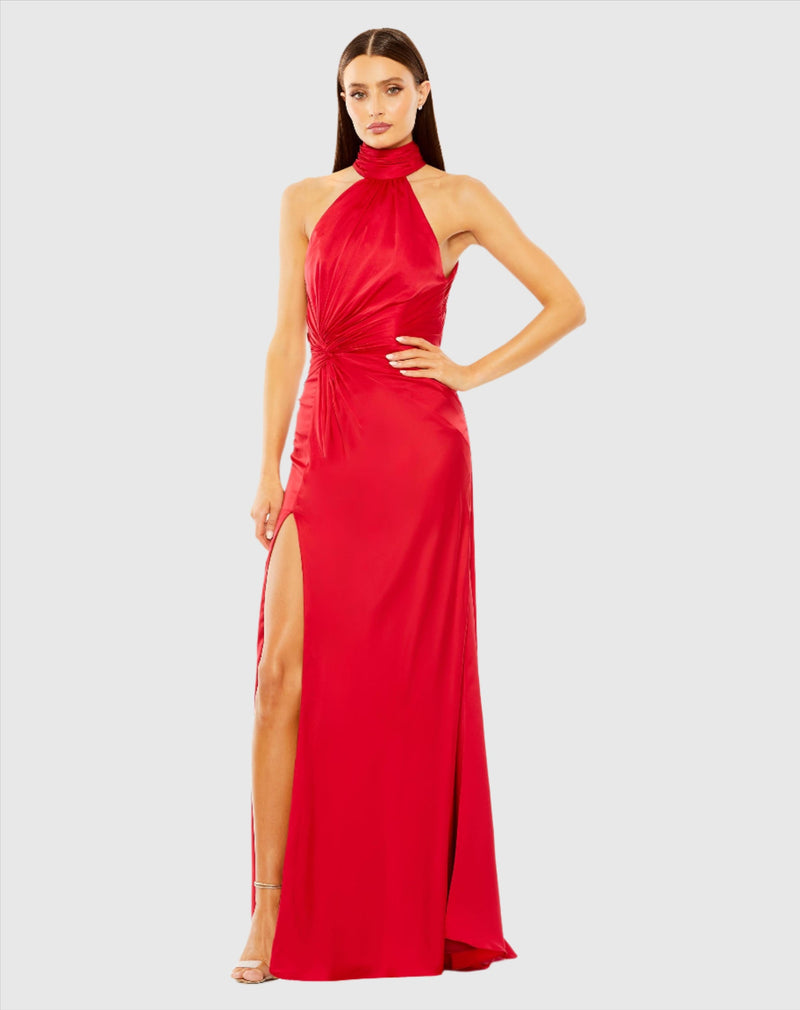 Mac Duggal Open Back High Neck Side Ruched Gown #11642 Red