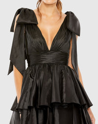 Oversized Bow Deep Ruffle Mini Dress - Black