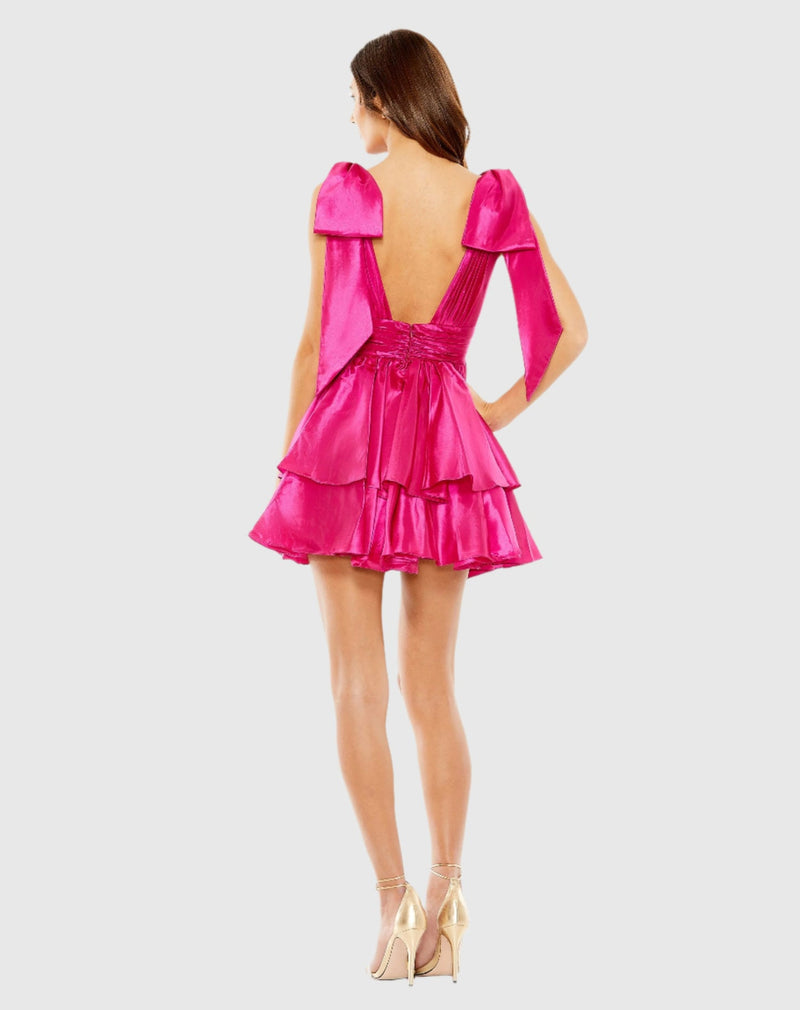 Oversized Bow Deep Ruffle Mini Dress - Fuchsia