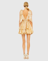 Oversized Bow Deep Ruffle Mini Dress - Gold