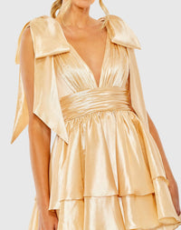 Oversized Bow Deep Ruffle Mini Dress - Gold